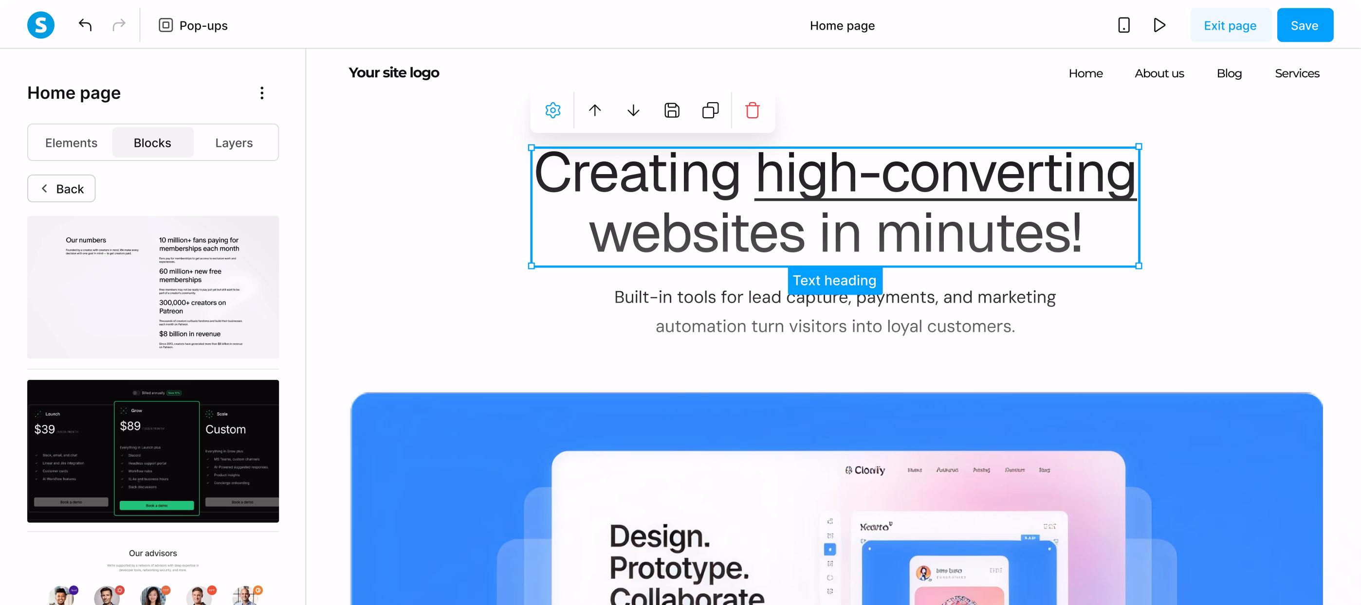 Systeme.io drag-and-drop page editor interface