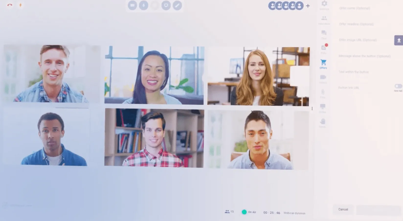 WebinarJam live webinar interface — 6 participant video tiles with sidebar offer creation panel